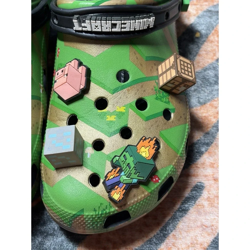 Crocs Minecraft Camo Green Brown Black Clog Sandals Men's 11 With Charms
